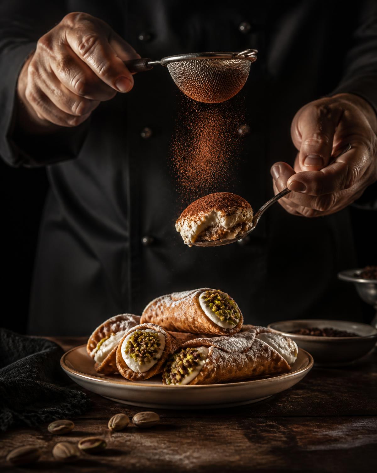 Cannoli sicilianos y tiramisú terminados con cacao delante del invitado