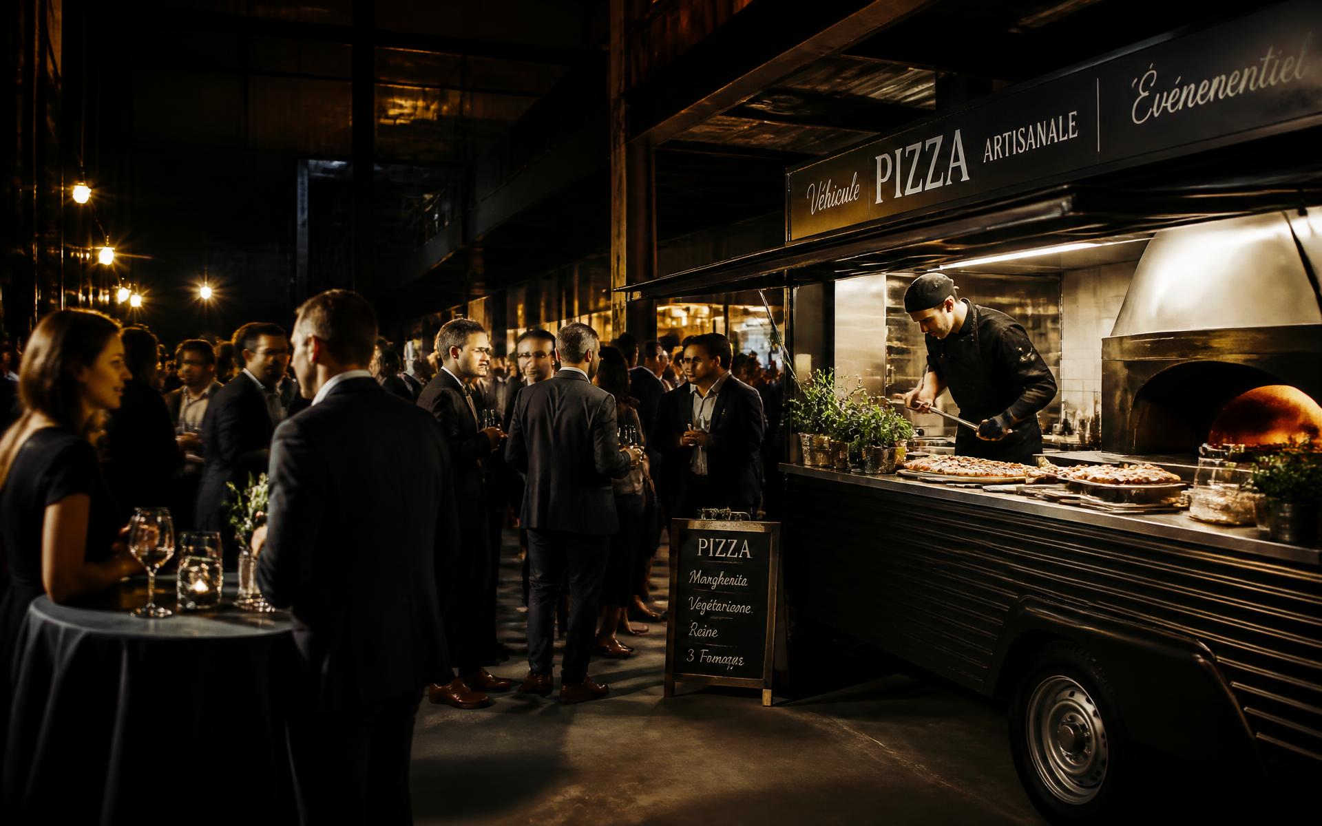 Estación de pizza en directo con un cocinero trabajando durante un evento corporativo de noche