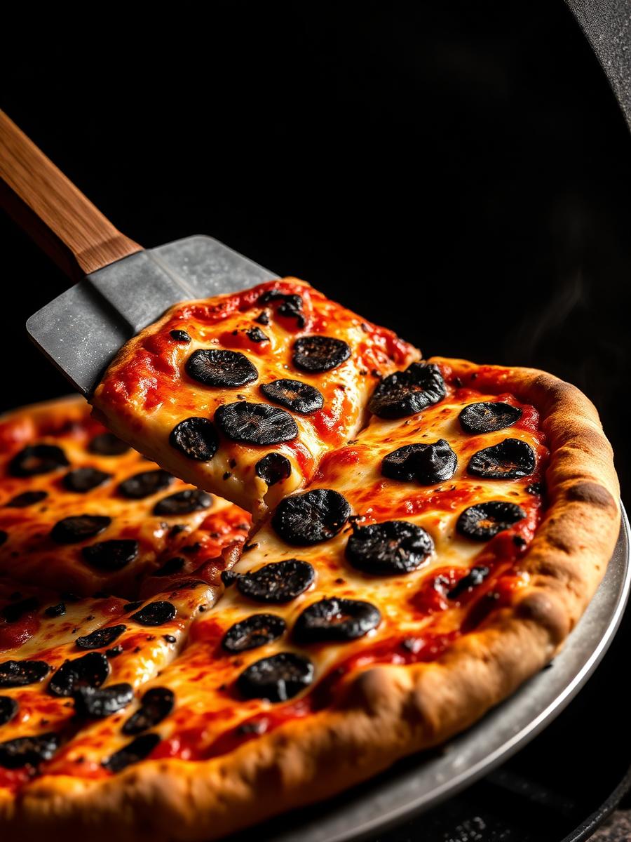 Pizza recién horneada levantada sobre la pala