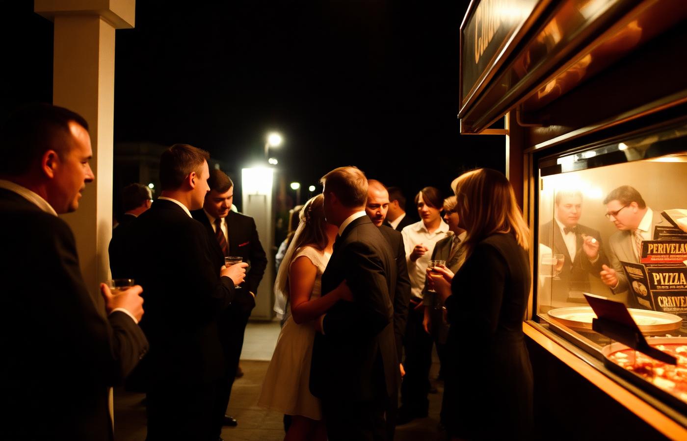 Invitados de una boda esperando su pizza junto a la estación de Chifla por la noche