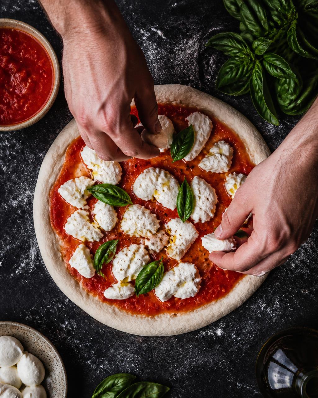 Manos colocando mozzarella y tomate sobre la masa