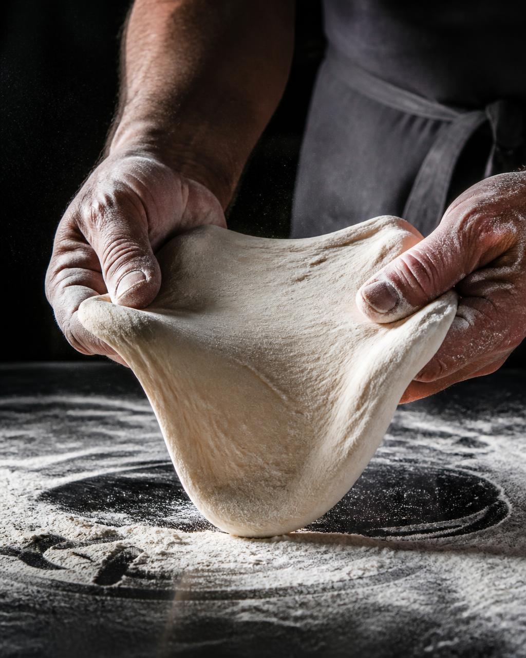 Manos enharinadas estirando la masa de pizza